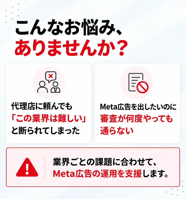こんなお悩みありませんか？広告の審査が通らない。他の代理店に断られた。規制業界の広告運用に悩んでいる。業界ごとの課題に合わせて、Meta広告の運用を支援します。